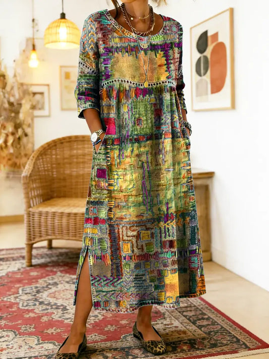 Mariana | Vestido Denim con Patchwork Étnico