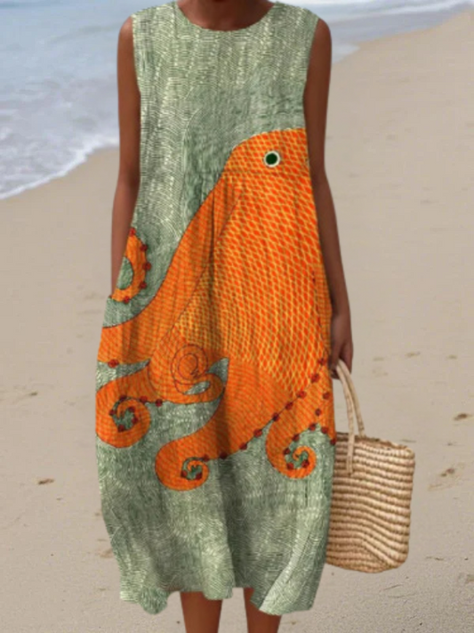 Valeria™ | Vestido fluido con estampado artístico oceánico