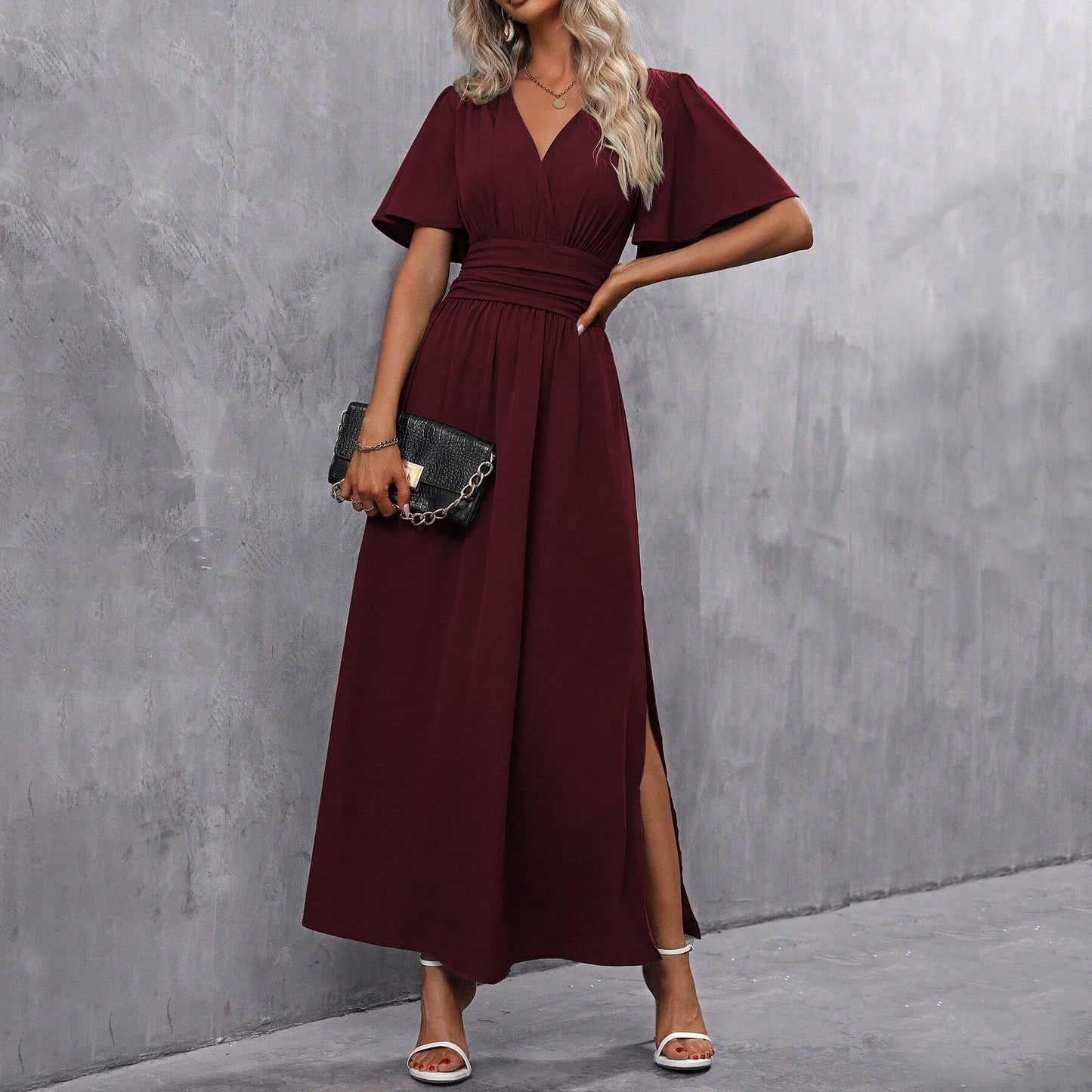 Eterna | Vestido Largo Elegante en Negro con Escote en V Manga Transparente y Abertura