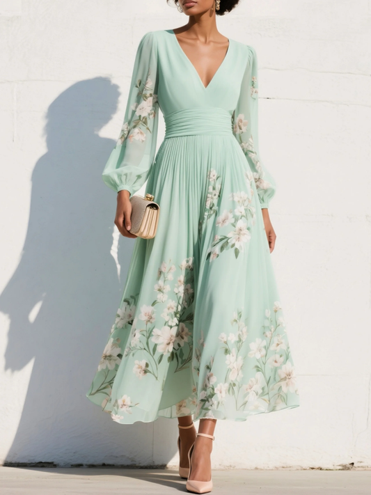 Vestido midi de gasa con escote de pico estampado