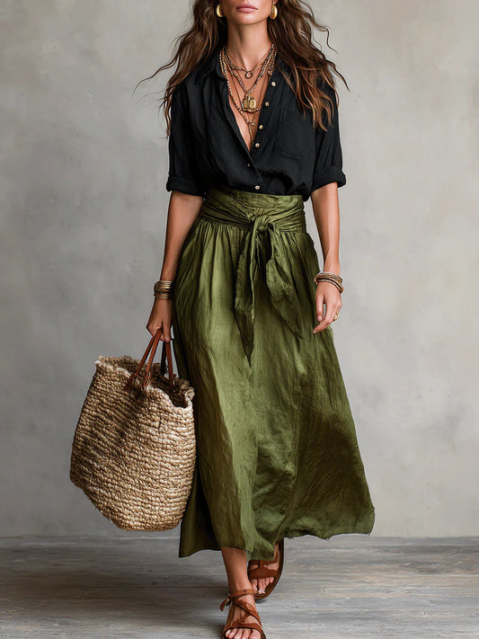 Vera | Conjunto de dos piezas: parte superior negra y falda midi verde oliva