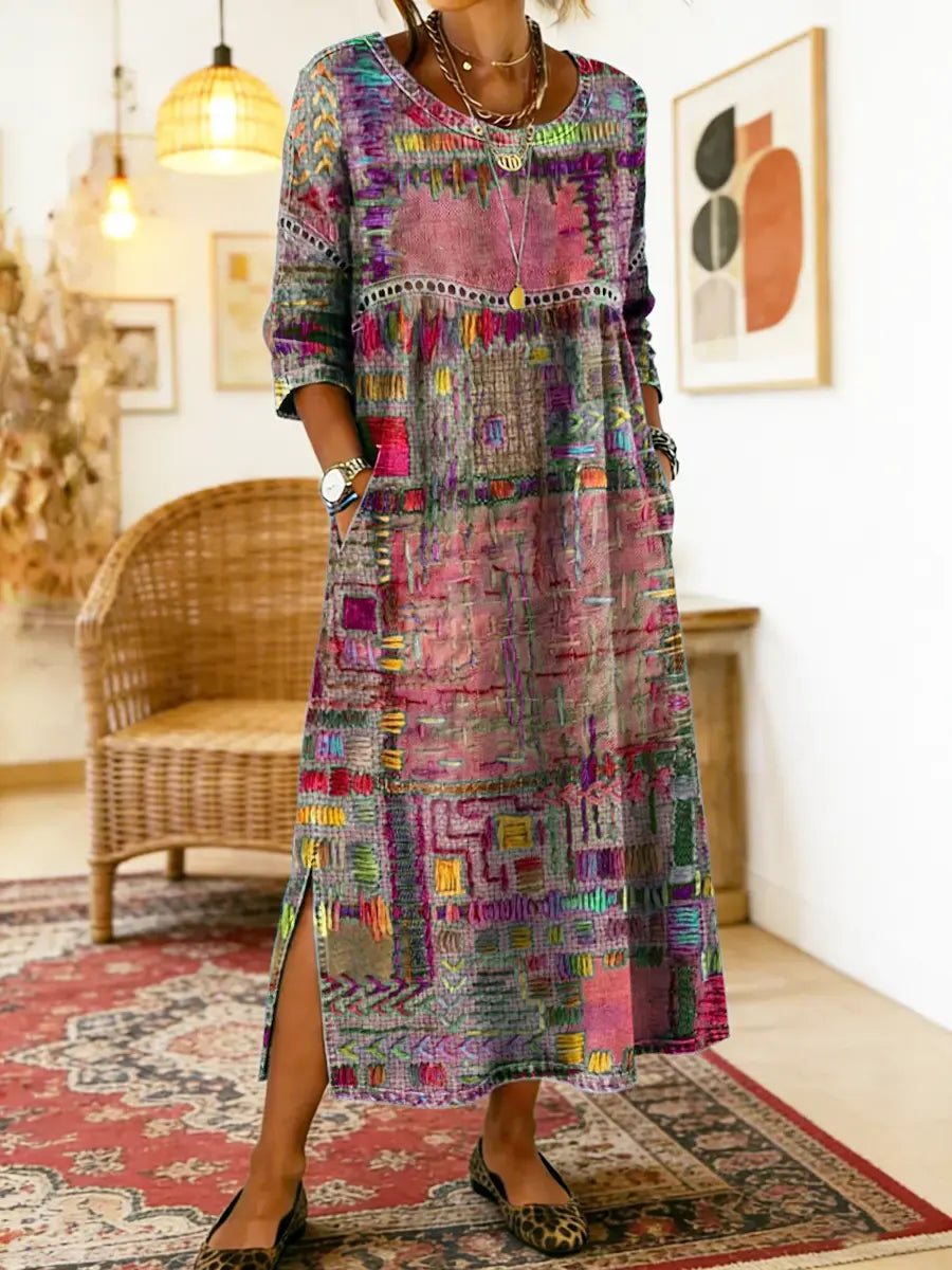 Mariana | Vestido Denim con Patchwork Étnico
