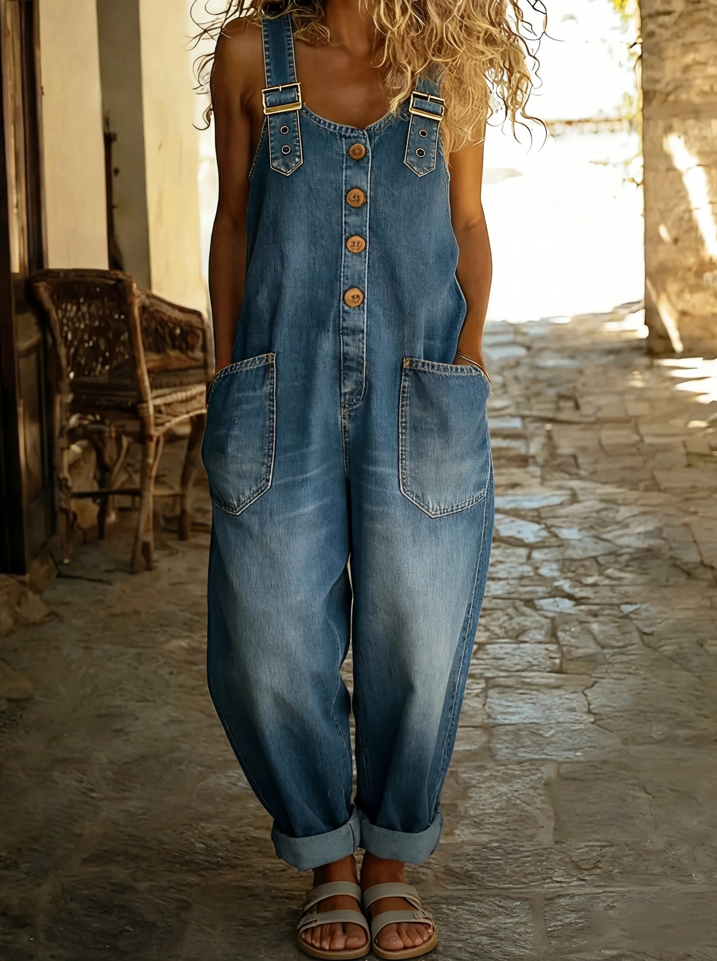 Rocio - Mono vaquero casual con hebilla ajustable para Mujer