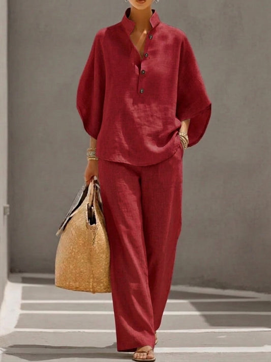 Mariel | Conjunto de lino con mangas tipo murciélago y pantalones anchos
